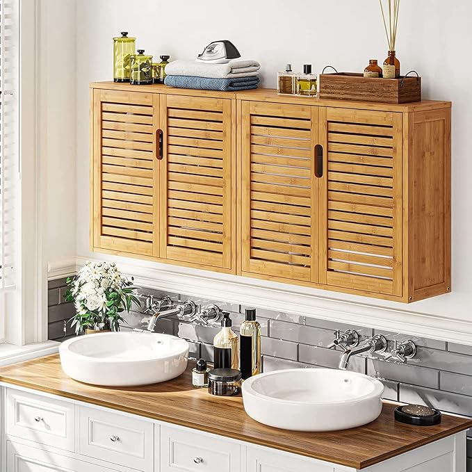 VIAGDO Wall Cabinet Bathroom Storage Cabinet Wall Mounted with Adjustable Shelves Inside, Double Door Medicine Cabinet, Utility Cabinet Organizer Over Toilet, Bamboo, 23.2''Lx8.1''Wx20.4''H