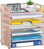 7 Tier Paper Organizer - Mesh Desktop File Holder with Handles for Office School Desk (Rose Gold)