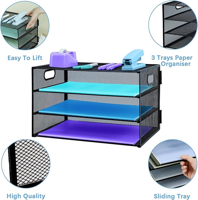 3 Tier Desk Organiser with Handle, Pull-Out Mesh File Organizer for Letter Tray Organizer Mesh Desk Organiser Tray Paper Storage Rack for A4 File Office Supplie, Black