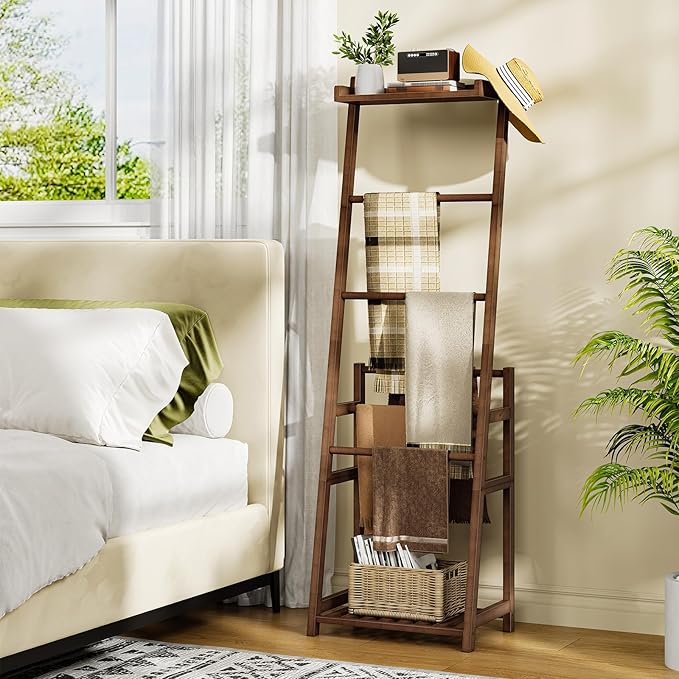 HOOBRO Blanket Ladder, 3-Tier Towel Rack, Bamboo Blanket Rack, Blanket Stand, Blanket Ladders for Bedroom, Quilt Ladder for Living Room, Bedroom, Decorative Display Ladder Shelf, Mocha MA124CJ01