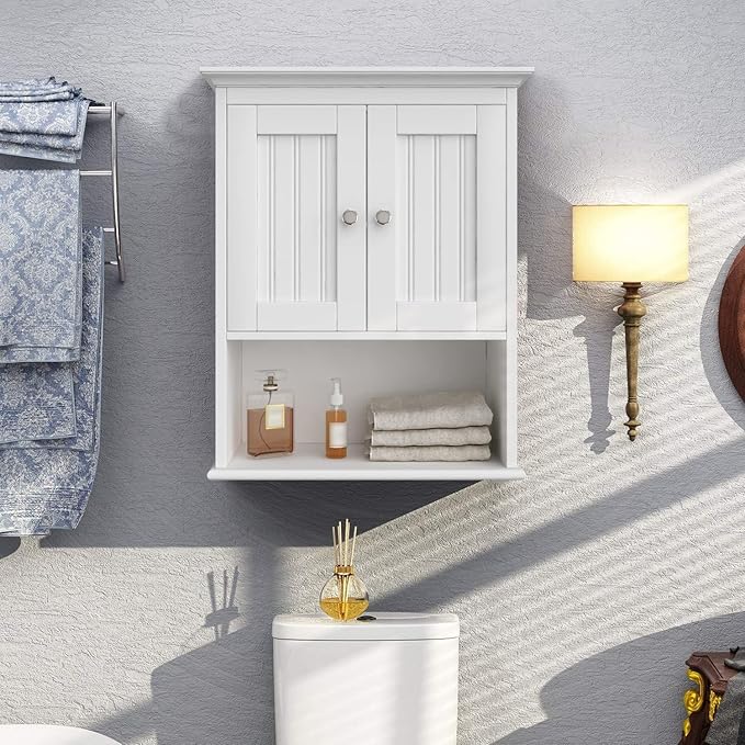 Treocho Wood Wall Cabinet, Bathroom Medicine Cabinet Storage with Doors and Adjustable Shelf, Rustic Cabinet Wall Mounted for Bathroom, Livingroom, Kitchen, Cupboard, White