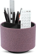Hennaja Round Leather Art Supply Organizer,Remote Control Holder,360 Degree Spinning,Multi-Functional Pencil Holder,4 Compartments Desktop Stationary Organizer(1-Wood Soil)