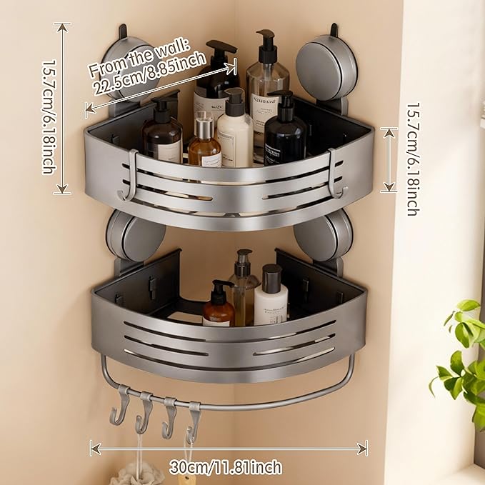 Corner Shower Caddy Bathroom Organizer,2-Packed Gray No-Drilling Aluminum Suction Cup Corner Shower Shelf with Towel Bar and Hooks,Moder Wall Shower Organizer and Storage Decor