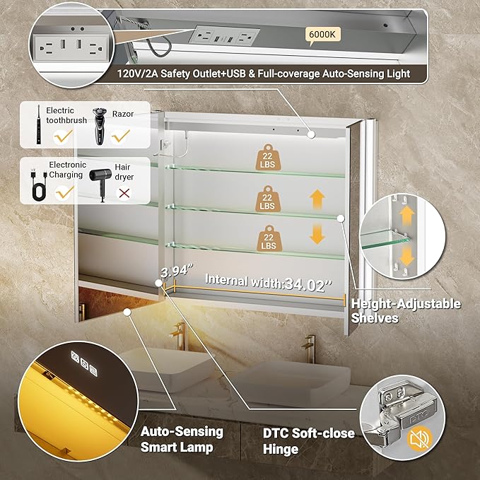 36x30 Fogless Lighted Medicine Cabinet Mirror with Lights & Smart Night Lamp -Surface or Recessed Medicine Cabinet Mirror with Outlet & Clock,Dimmable LED Storage Mirror,Built-in Sensor Light