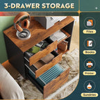 DEVAISE 3-Drawer Wood File Cabinet, Mobile Lateral Filing Cabinet, Printer Stand with Open Storage Shelves for Home Office, Rustic Brown