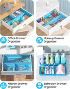10 Pack Large Size Plastic Drawer Organizers Set, 3 Sizes Desk Drawer Organizer Trays, Storage Bins for Vanity, Makeup, Bathroom, Kitchen Utensils and Office (Blue)