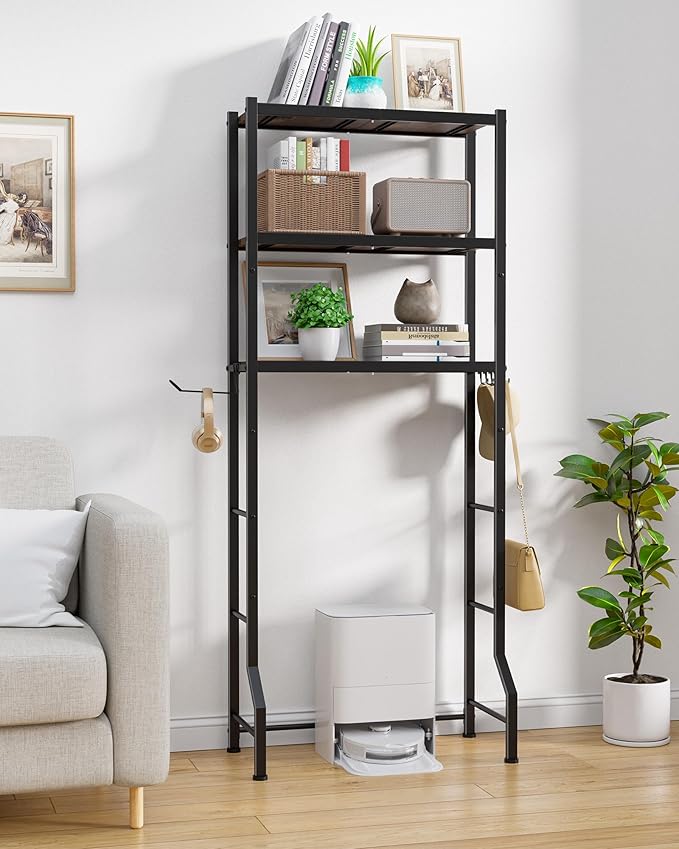 Kitsure Over The Toilet Storage Rack - Freestanding Over The Toilet Storage Cabinet with Paper Holder & Hooks, Bathroom Organizers and Storage, Brown + Black, 3 Tiers (61" H)