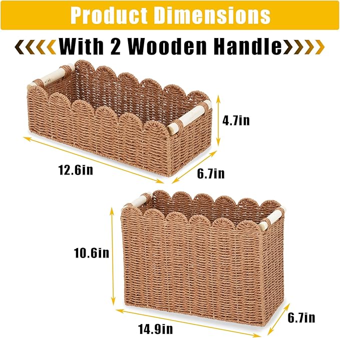 Garvee 2-Pack Scalloped Wicker Baskets for Organizing, Woven Paper Rope Storage Bins with Handles, Toilet Paper Basket Decorative for Countertop, Shelf, Bathroom, Tank Top
