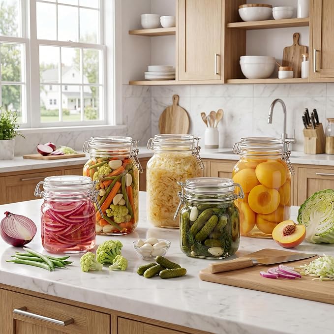 Square Glass Jars with Airtight Lid Set of 3, 50 floz Wide Mouth Mason Jars with Clamp Lids,Glass Sealed Jars with Air Tight Lids, Best for Kitchen & Pantry Food Storage