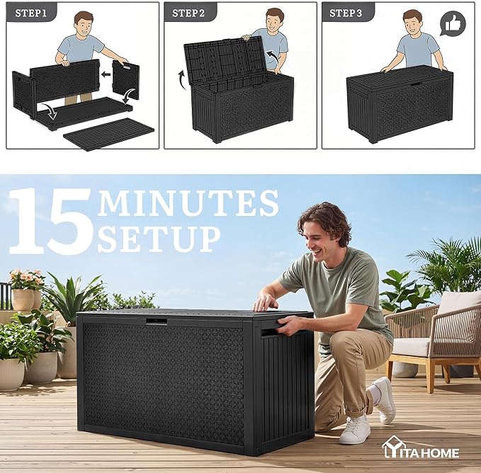YITAHOME 90 Gallon Large Outdoor Deck Box, Lockable Waterproof Resin Storage Box with Handles, Weatherproof & UV Resistant, Patio Garden Tool Container for Outdoor Furniture, Black