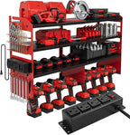 4-Tier Heavy Duty Power Tool Organizer with 4-Outlet High-Power Strip, 600lbs Capacity Reinforced Steel Drill Rack, High-Visibility Wall Mount Storage for 20V/60V Max Battery Systems, Red