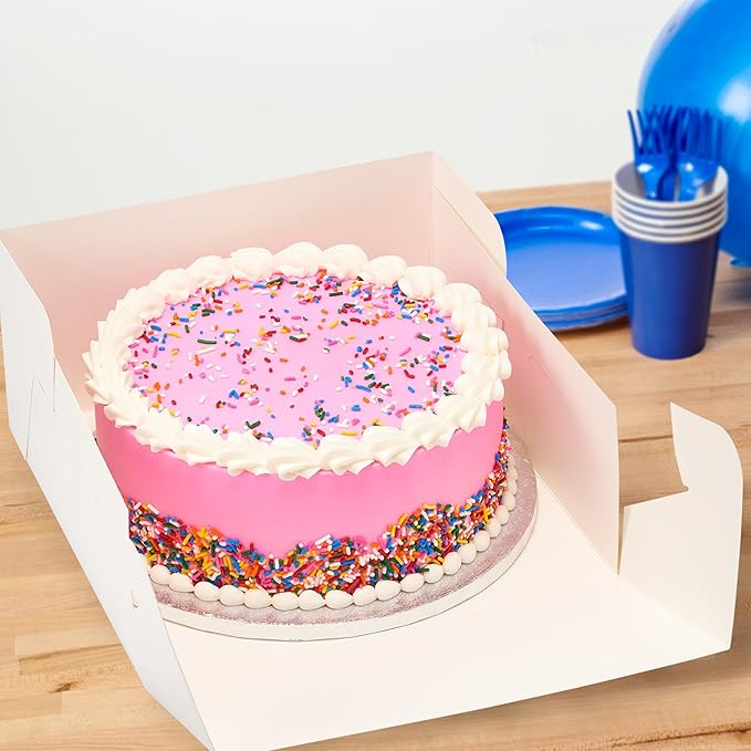 DecoPac 12" Round Silver Cake Drum Board & White Cake Box Combo, 12 Inch Square Bakery Box and Matching Cake Circle Set For Cake, Dessert, Pie, And Cookie Transport (Pack of 2)