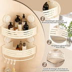 Corner Shower Caddy Bathroom Organizer（2-Pack Cream White）,No-Drilling Aluminum Suction Cup Corner Shower Shelf with Towel Bar & Hooks,Detachable and Reusable Bathroom and Kitchen Storage