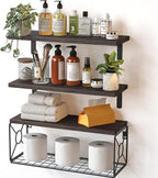 Amada Bathroom Shelves Over Toilet with Storage Basket, Floating Wall Shelf for Home Organization & Wall Decor, Bathroom/Kitchen/Living Room Shelves–Rustic Brown | with Storage Basket, Wall Decor, Bathroom, Kitchen, Living Room