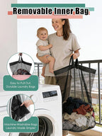 Laundry Hamper with Lid, Reinforced Sturdy Clothes Hamper with Anti-Puncture Base, Large Collapsible Laundry Basket with Removable Liner Bag, Tall Dirty Clothes Bin for Family, 100L Pink