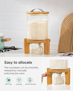 HBlife 5-7 Lbs Glass Rice Dispenser with Wooden Stand Flour and Cereal Container with Glass Measuring Cup Pantry Food Organization Storage Bin with Airtight Bamboo Lid, 3L