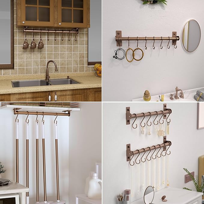Dseap Kitchen Utensil Holder Hanger, Pot and Pan Rack Wall Mounted, Kitchen Rail with 8 Hooks for Hanging Cooking Utensils, Mugs, Spoons, Wall Mounted, Antique Copper New