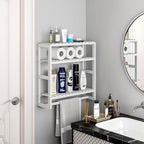 Over The Toilet Storage Bathroom Shelves Wall Mounted 3 Tier Space Saver Corner Shelf Organizer Bamboo Towel Rack Toilet Paper Cabinet with Hanging Rod White