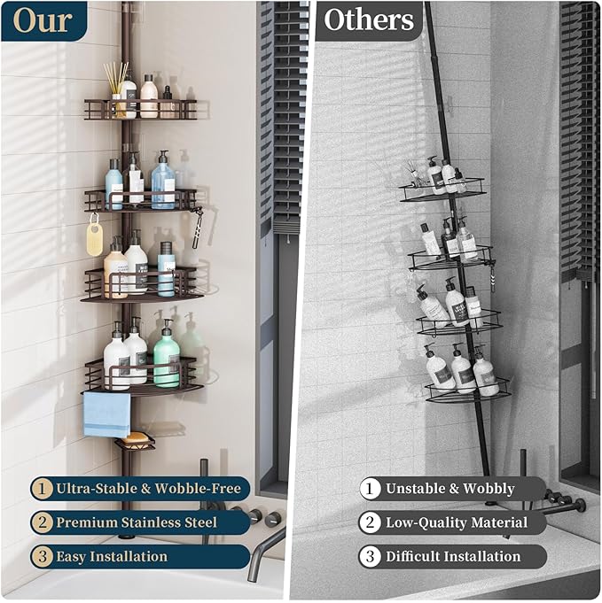 Consumest Corner Shower Caddy Tension Pole - Rustproof Shower Shelves with Towel Bar & Soap Holder, Adjustable Bath Organizer for Bathroom Storage, 27.6-108.3 inch, Bronze