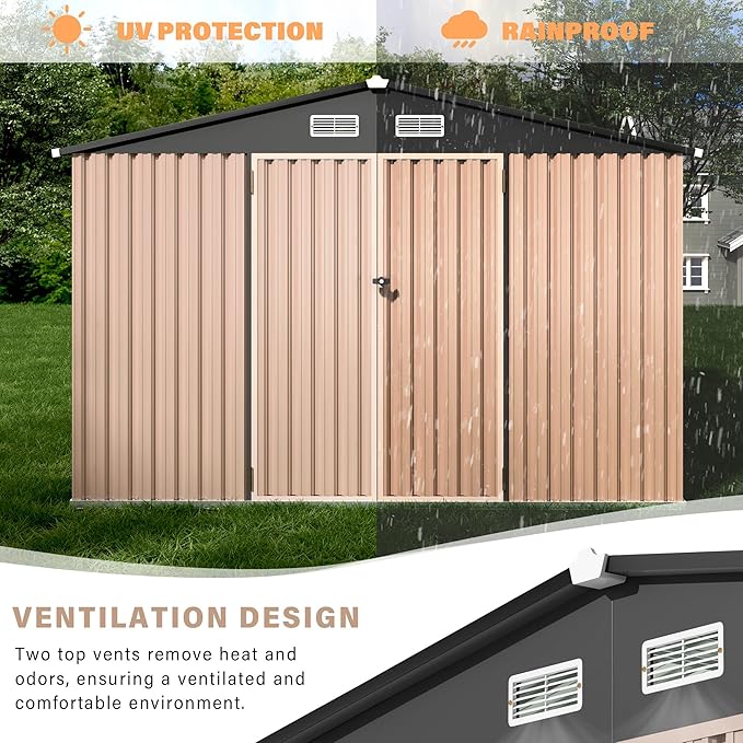 8x6ft Heavy Duty Outdoor Storage Shed, Metal Tool Shelter with Lockable Doors, Air Vents, Large Weatherproof Utility Building for Backyard Patio Lawn – Wind & Rain Resistant, UV Protection