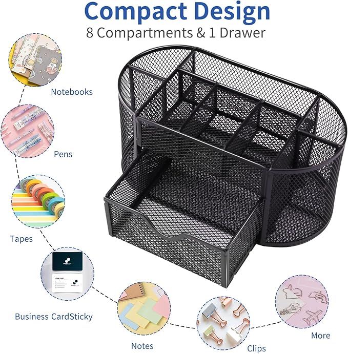 EOOUT Desk Organizer, Pencil Holder for Desk, Mesh Office Desk Accessories with 8 Compartments and 1 Drawer Stationery Holder School Supplies