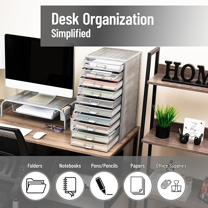 Mind Reader 10-Drawer Desk Organizer for Office Supplies, Crafts, Mail Sorting & More, Metal Mesh, 10.75"L x 14"W x 21.25"H, Silver