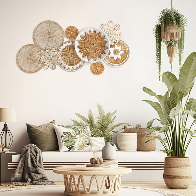 Xuhal 8 Pcs Boho Wall Basket Decor Decorative Bulrush Woven Basket Wall Decor Rustic Farmhouse Hanging Baskets for Kitchen Rustic Home Summer Decorations