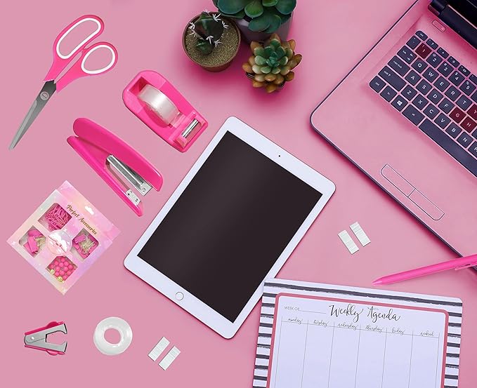 Hot Pink Desk Accessories, Hot Pink Office Supplies Accessories with Tape Dispenser, Stapler, Staple Remover, 1000 Staples, Tape, Clips Set, Ruler, Scissor, Pen