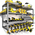 YYR Large Power Tool Organizer Wall Mount, Heavy Duty Metal Cordless Drill Storage Rack with Battery Charging Station Shelf, Utility Racks for Garage Organization, 4 Layer 10 Drills Holder Extra Tall