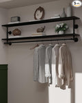 Black Clothes Rack 70in, 2-Tier Wall Mounted Garment Rack with Real Wood Shelf, Heavy Duty Hanging Clothes Rack, Multi-Purpose Hanging Rod, Space-Saving Closet Storage