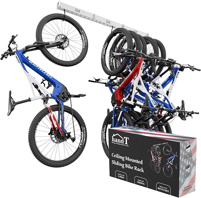 USA Based Ceiling Bike Hanger Slide Mount Up To 6 Bikes, Sliding Garage Bicycle Storage, 51" Heavy Duty Hanging Hook Racks 450lbs Limit, Overhead Mounted Hangers for Storing Bicycles | White