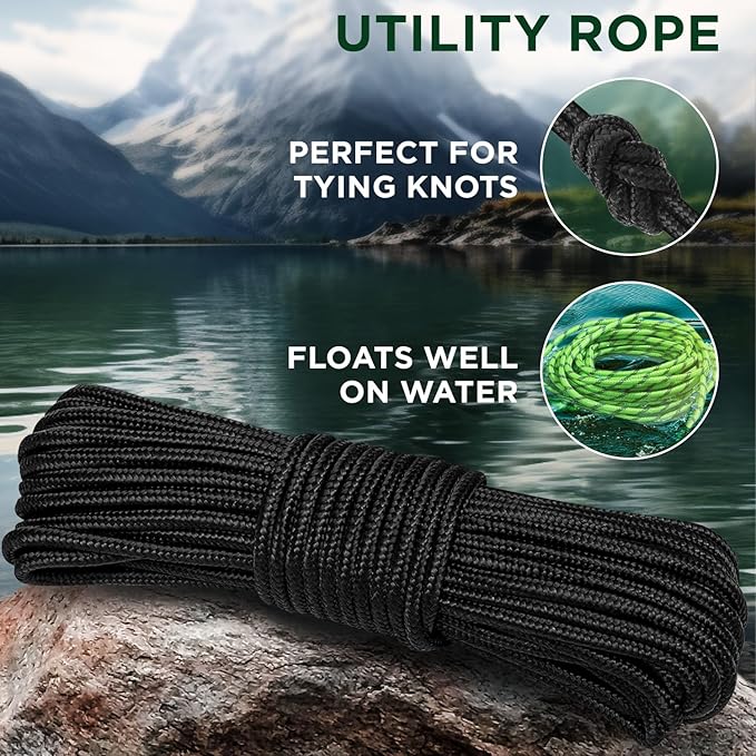 TECEUM Rope – 150 Feet x 1/4 Inch (7mm) – Black – Strong All-Purpose Utility Rope – Camping, Crafting, Flag Pole, Indoor & Outdoor – Polypropylene Nylon Poly Lightweight Diamond Braided Cord
