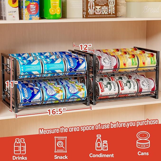 SUFAUY Stackable Can Rack Organizer for Pantry, 2 Tier Soda Canned Food Storage Holds Up to 60 Cans, Steel Square Frame Shelves for Storage, 2 Pack
