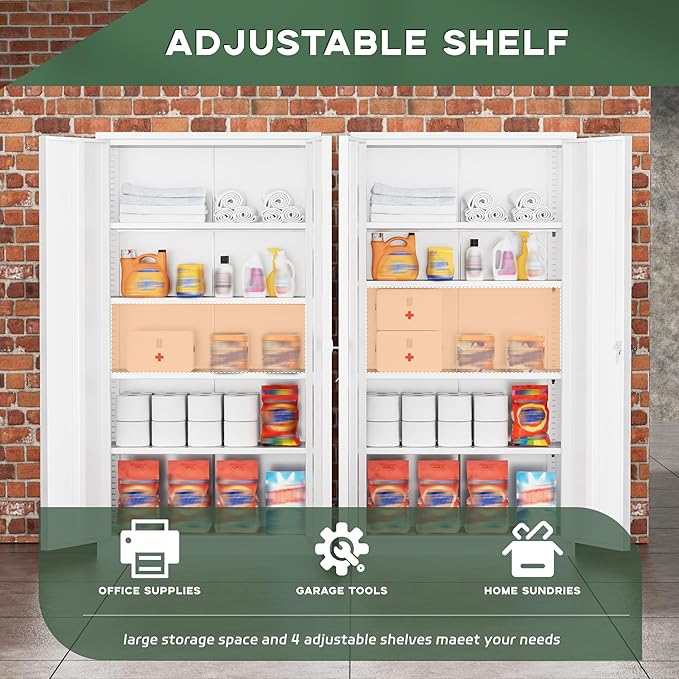 Greenvelly Metal Garage Storage Cabinet with Doors and Adjustable Shelves,72" Steel Lockable File Cabinet for Home Office,Garage,School(White,32" W x 16" D)