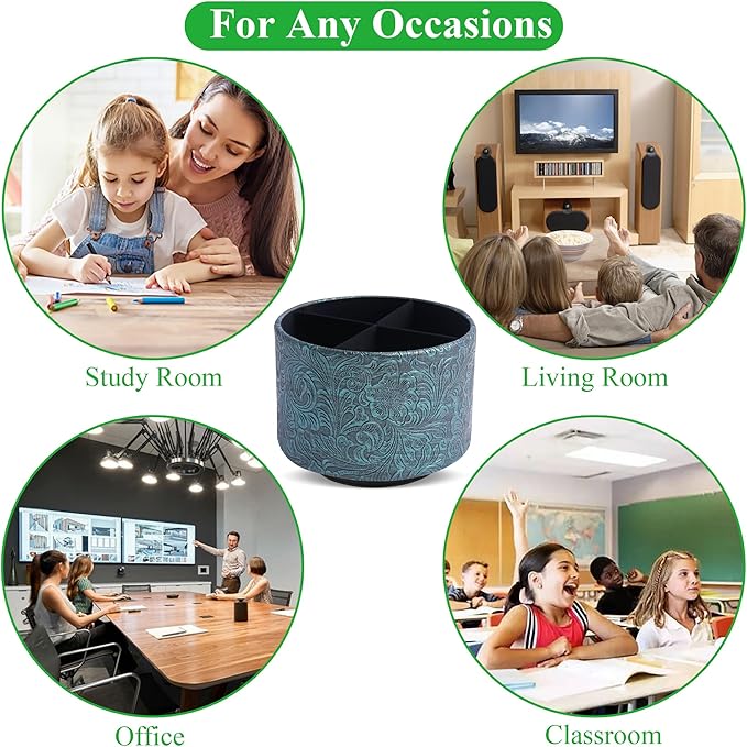 lizimandu Round Leather Art Supply Organizer,Remote Control Holder,360 Degree Spinning,Multi-Functional Pencil Holder,4 Compartments Desktop Stationary Organizer(1-Carved Metal Green3)
