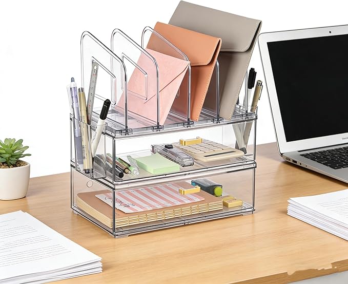Acrylic Desk Organizer with Drawer, Office Supplies,Organization Storage, 2 PC Drawer Organizer with 4 File Sorter, Desk Organizers and Accessories, Clear Acrylic File Organizer