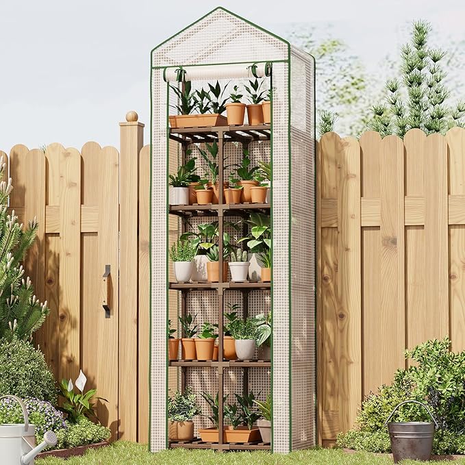 Bamworld 5-Tierd Outdoor Greenhouse 22" L×16" W×81" H Portable Green House with PE Cover Garden and Backyards Plant Shelves with Sturdy Eucalyptus Frame Roof Plant Stand Flower Pot Stand Display Rack