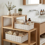 DECOMOMO White Wicker Baskets, Back of Toilet Basket, Bathroom Basket Organizer, Countertop, Home Decor (White, Set of 2)