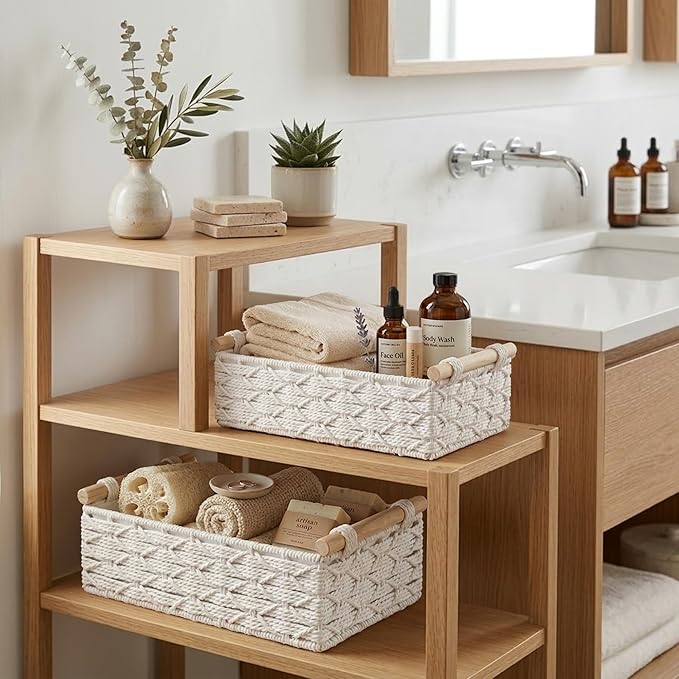 DECOMOMO White Wicker Baskets, Back of Toilet Basket, Bathroom Basket Organizer, Countertop, Home Decor (White, Set of 2)