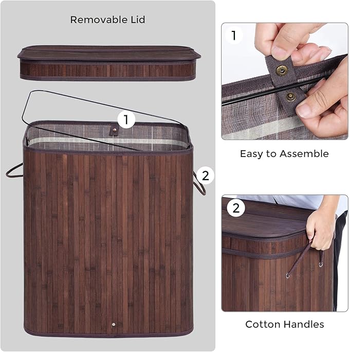 SONGMICS Laundry Hamper with Lid, Bamboo Launry Basket with Handles, Foldable Storage Basket for Laundry Room, Bedroom, 100L, Brown ULCB063K02