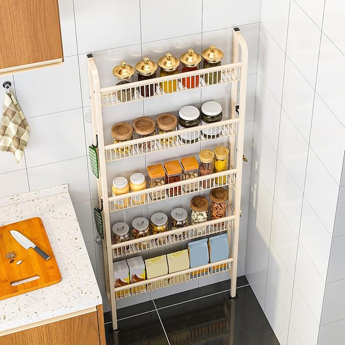 Behind The Door Bathroom Shelf Narrow 5-Tier, Slim Space-Saving Storage Shelf, Freestanding Narrow Shelving Unit for Bathroom, Kitchen, Closet and Laundry Room