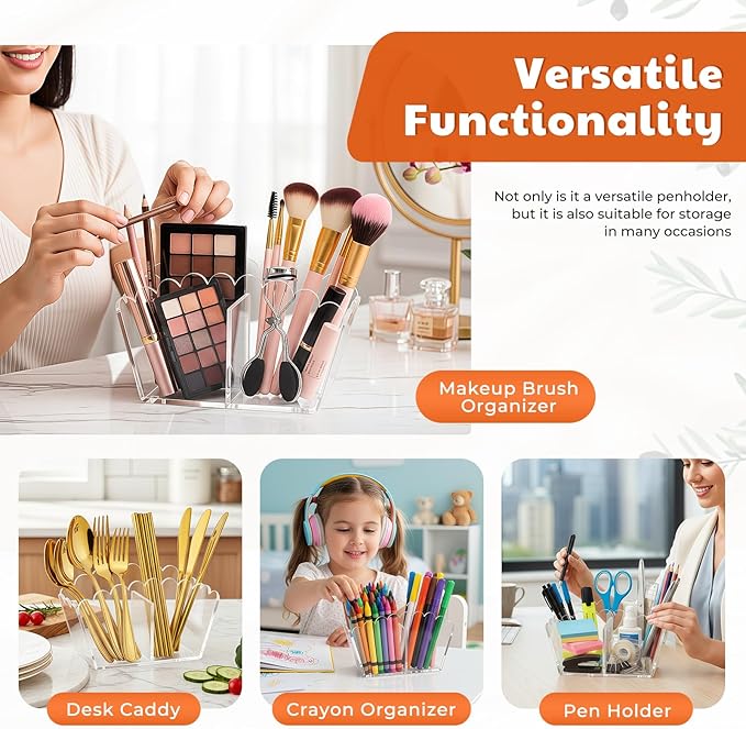 Clear Acrylic Pen Holder 2-Compartment Scalloped Desk Caddy for Office, Vanity or Bathroom – Makeup Brush & Pencil Organizer (2-Comp)