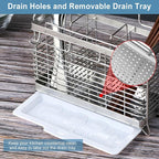 Utensil Holder, Stainless Steel Utensil Drying Rack with Drain Tray, Kitchen Counter Drainer Basket Silverware Cutlery Flatware Holder Forks, Knives, Spoons, Chopsticks Organizer (Silver)