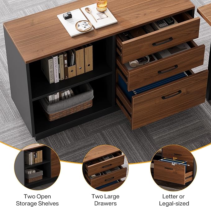 Tribesigns 3 Drawer File Cabinet with 2 Open Shelves, Modern 39" Lateral Filing Cabinet for Letter/Legal Documents, Wooden Office Storage Credenza for Home Office or Business, Brown & Black