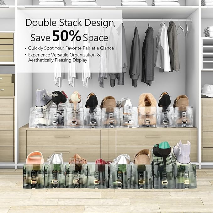 Yes!Fresh Shoe Slot Organizer, Boutique Display Style Shoe Stacker for A Pair of Shoes, Separable Shoe Rack for Closet Organization, 3 Adjustable Narrow Shoe Rack (Transparent Green, 4 Pack)
