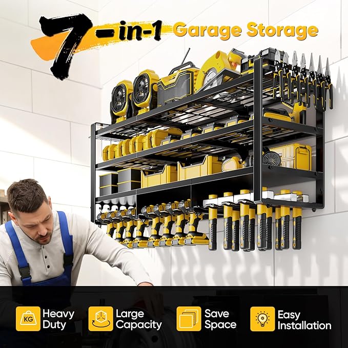 49" W Large Power Tool Organizer Wall Mount, 4 Layer Heavy Duty Loads 800 lbs, Tool Storage Rack Holds 12 Cordless Drills, Large Capacity Battery Holder for Garage, Gift for Men