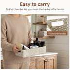 StorageWorks Wicker Toilet Paper Basket for Back of Toilet Baskets, Seagrass Bathroom Basket Organizer and Storage for Tank Topper, Small Tank Trays for Decor with Built-in Handles, Wipe White