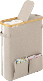 StorageWorks Toilet Paper Storage Baskets with Dual Flip Lids, Toilet Paper Organizer for Bathroom, Toilet Paper Container with Side Pocket, Holds 15 Mega or 20 Regular Rolls, Large, Light Khaki