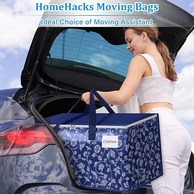 HomeHacks Moving Bags, Extra Large Size Moving Boxes, Heavy Duty Luggage Bags with Smooth Zipper and Sturdy Handles, Large Capacity & Easy Loading Storage Totes for Space Saver 100L, 10-Pack, Blue