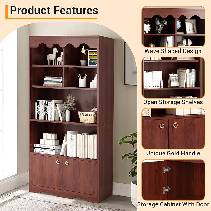 CABIHOME 63" Tall Bookshelf with Cabinet, 5-Tier Wood Bookcase with Wave Top, 6 Cubes & 2 Door Cabinets, Modern Display Storage Shelves with Gold Handles for Living Room, Bedroom & Home Office, Walnut